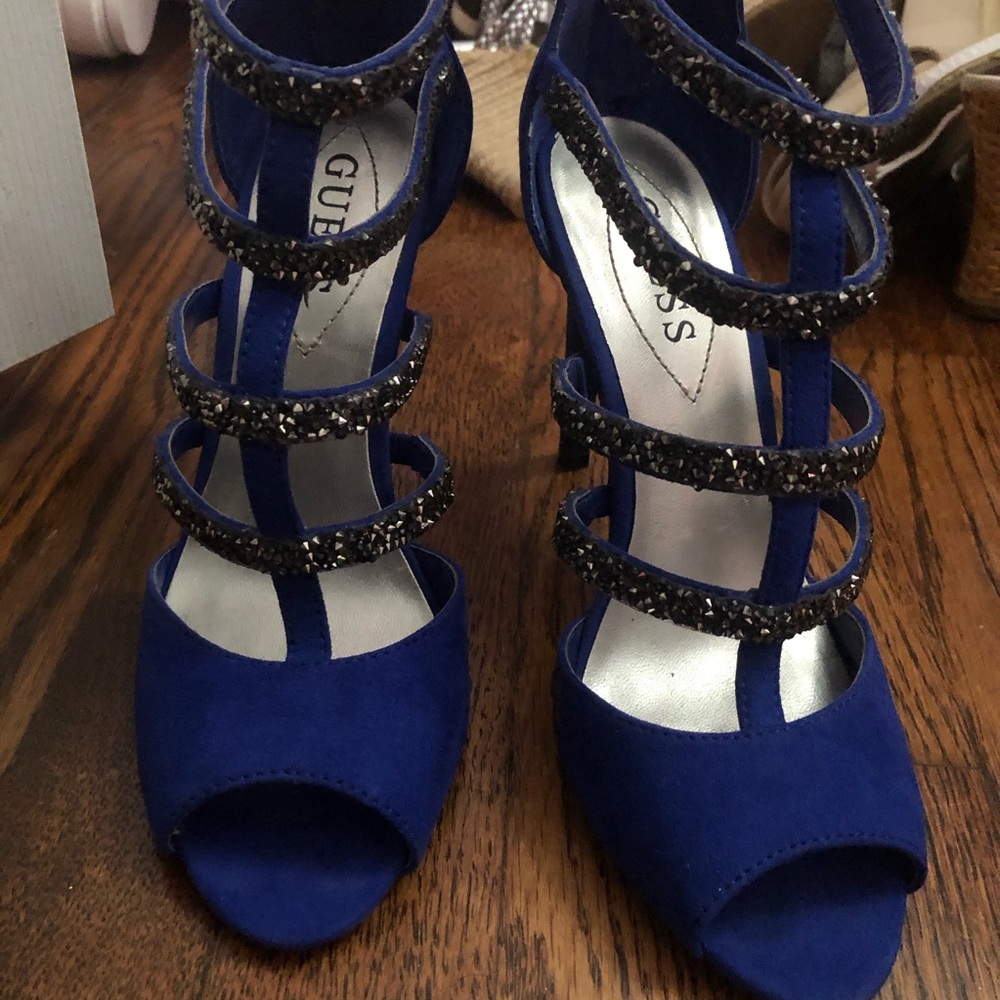New Guess Sparkly Cobalt Open Toe Strappy Heels - image 3